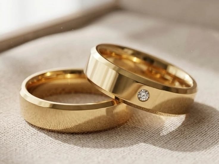 Par de alianças chanfradas em ouro 18k com diamante, feitas na oficina da Ferrassi Joias
